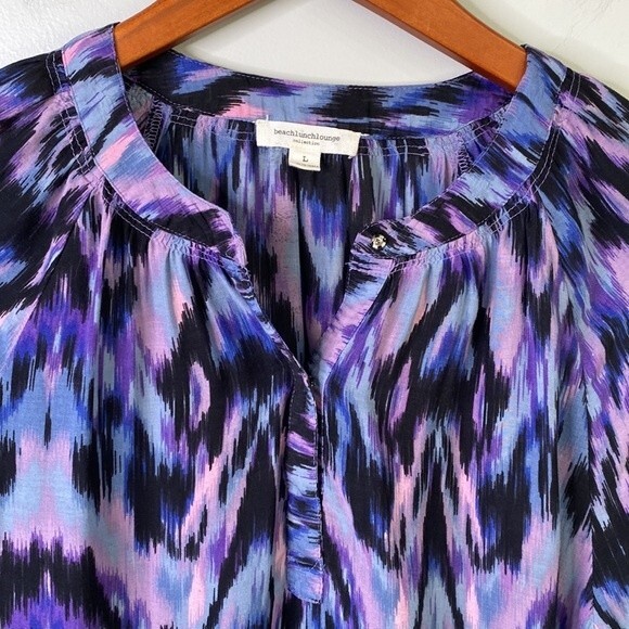 Beachlunchlounge Purple Ikat Boho V-Neck Popover Blouse Top Balloon 3/4 Sleeve - Picture 5 of 16